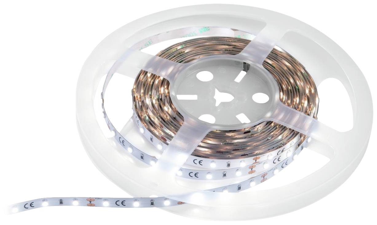 Eine Rolle LED-Lichtstreifen in einem weißen Kunststoffgehäuse, teilweise abgerollt und mit CE-Zeichen sichtbar auf der Oberfläche.