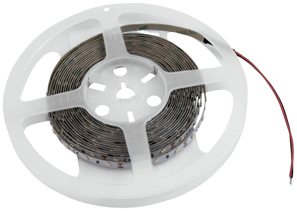 LED-Lichtstreifen auf einer Spule, bereit zur Installation, mit roten und schwarzen Drähten zum Anschluss.