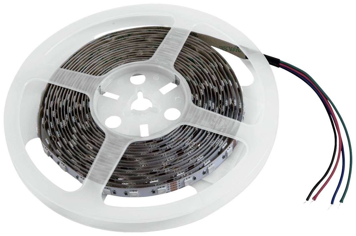 Eine Rolle mit LED-Lichtstreifen, bereit zum Anschluss. Der Streifen zeigt eine Vielzahl von kleinen, rechteckigen LEDs und farbigen Kabeln.