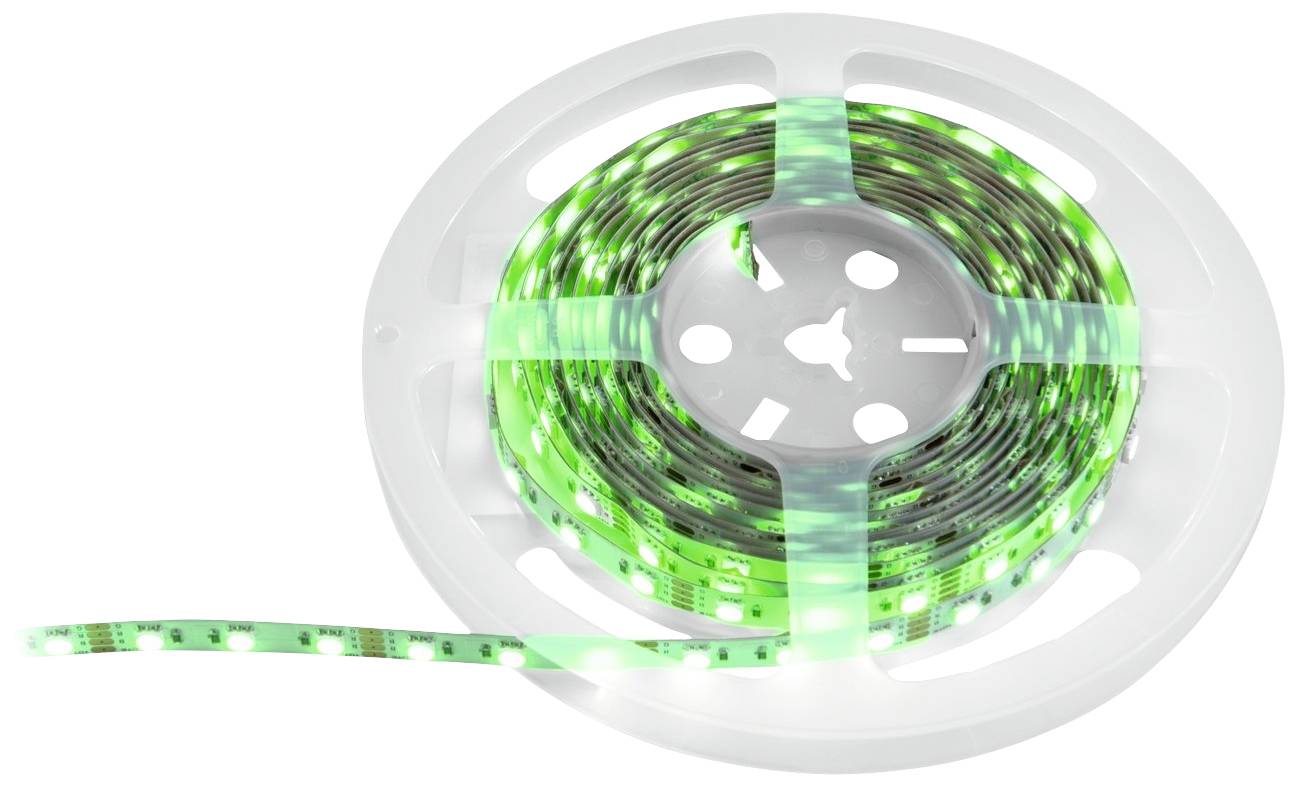 Eine Spule mit grünen LED-Lichtstreifen. Die Streifen sind eng gewickelt und leuchten hell.