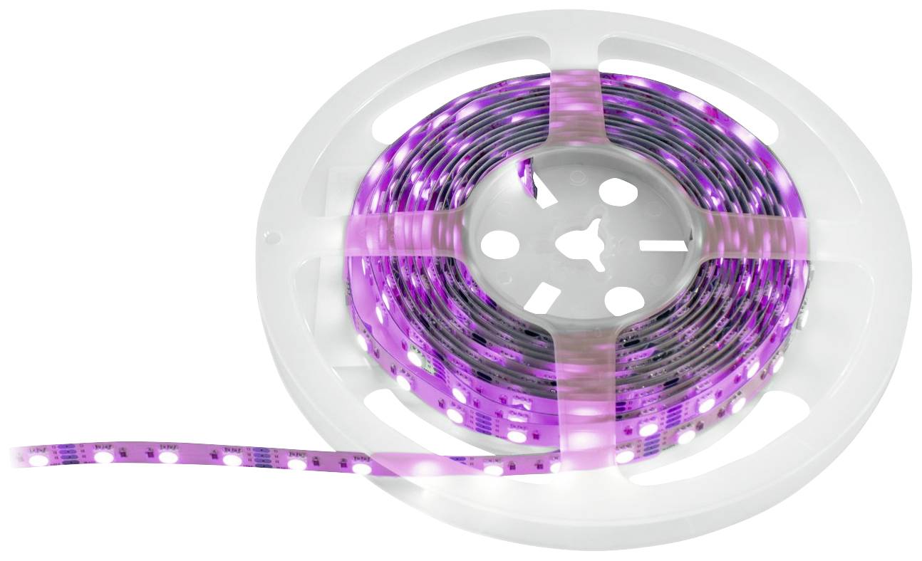 Eine Rolle mit lila LED-Lichtstreifen liegt auf einem weißen Kunststoff-Träger, das Ende des Streifens ragt heraus.