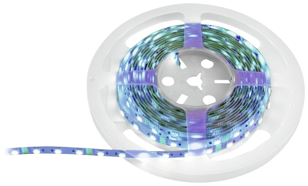 Ein weißer Spulenkörper mit aufgewickeltem LED-Streifen, der blaue und weiße Lichter abgibt. Ein Ende des Streifens ist lose.
