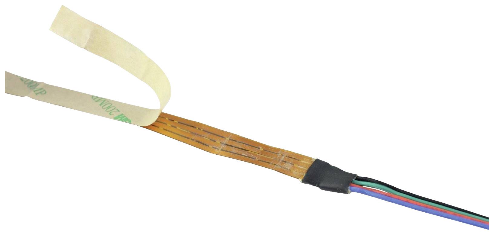 Flaches Kabel mit vier farbigen Leiterbahnen, schwarz ummantelt am Ende, mit flexiblem, goldenem Abschnitt und abziehbarem Kleberband.