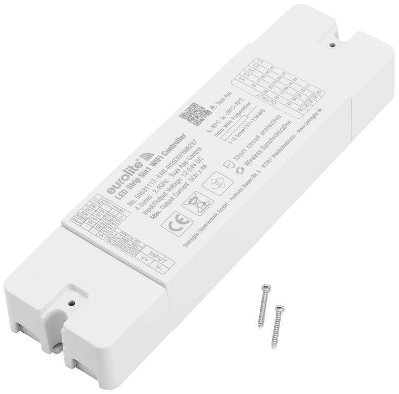 LED-Treiber mit WiFi-Funktion, weiße rechteckige Form, zwei Schrauben neben dem Treiber. Markierung und Beschriftungen auf der Oberfläche.