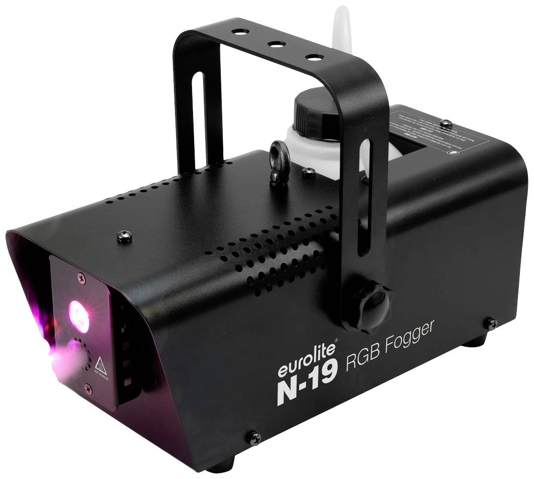Maschine mit Aufschrift 'eurolite N-19 RGB Fogger'. Dient zur Erzeugung von Nebel, schwarzes Gehäuse, LED-Licht auf der Vorderseite.