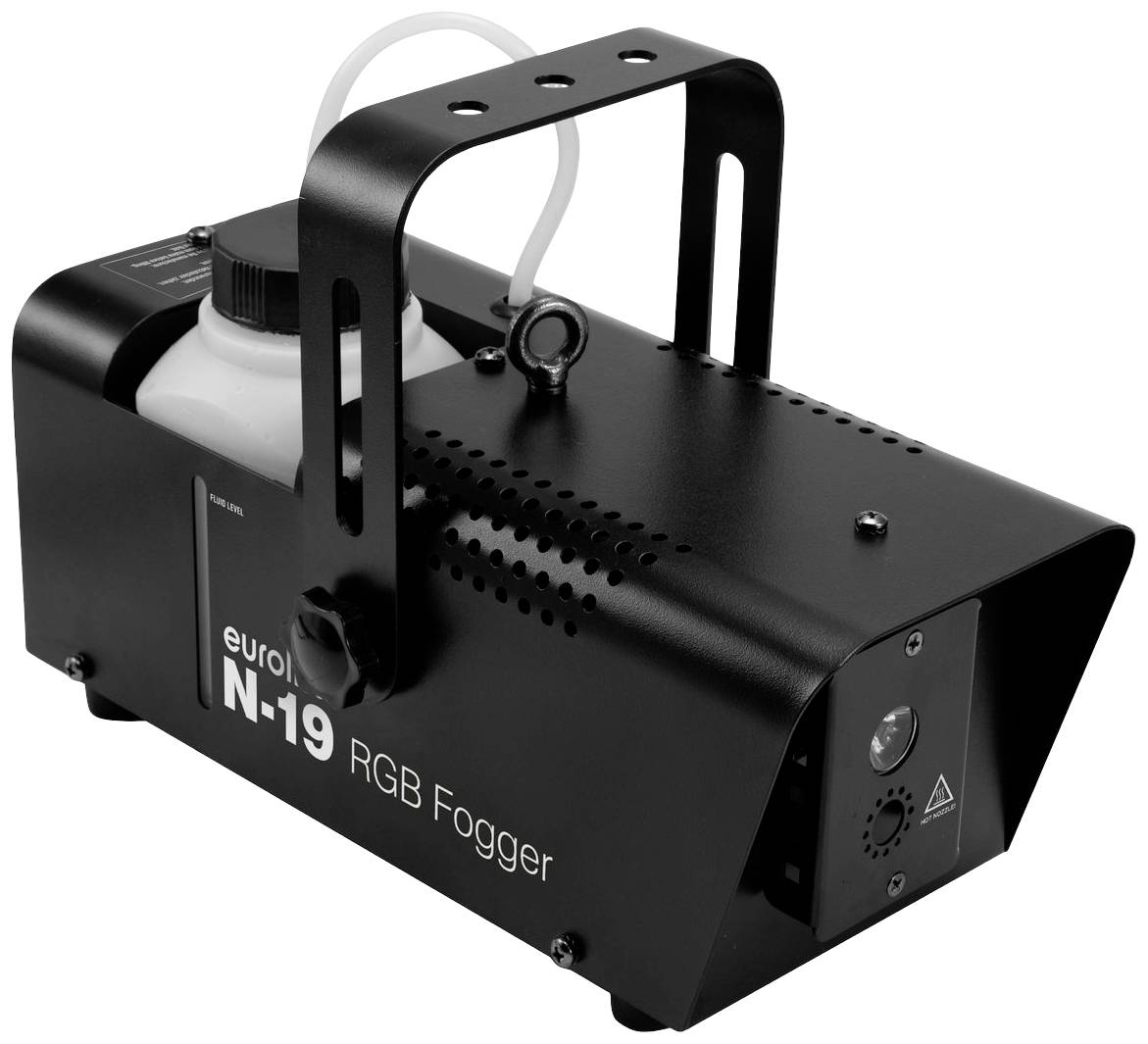 Nebelmaschine 'eurolite N-19 RGB Fogger' mit schwarzem Metallgehäuse, Griff und integriertem Flüssigkeitsbehälter.