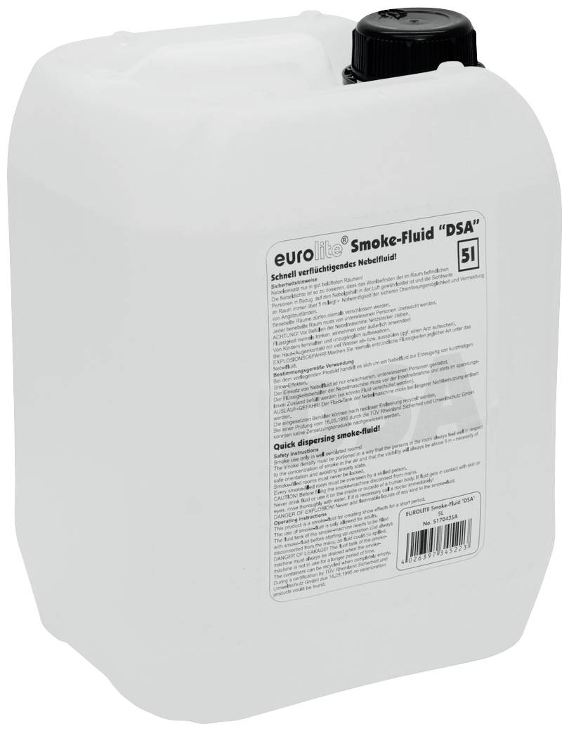 Kanister mit 5 Litern 'Eurolite Smoke-Fluid DSA'. Schwarzer Deckel, detaillierte Produktinformationen auf dem Etikett.