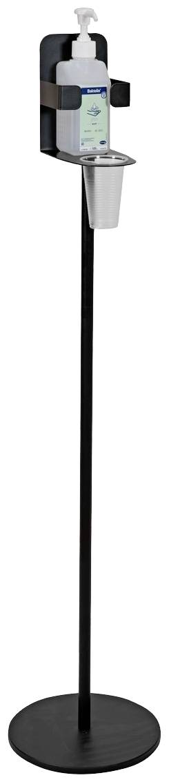 Desinfektionsmittelständer mit Spender und Becher, freistehend, aus schwarzem Metall, für hygienische Handdesinfektion.
