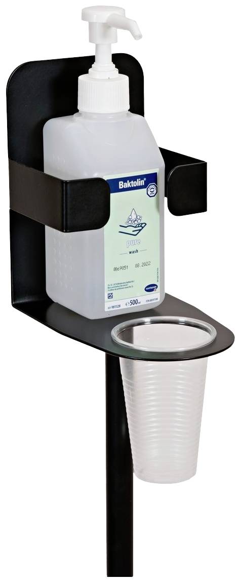 Ein Desinfektionsmittelspender mit Plastikbechern an einem Ständer. Ideal für Hygienebereiche zur Handdesinfektion und Becherentnahme.