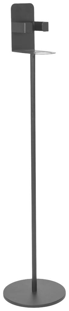 Ein schwarzer, schlanker Ständer mit einem Halter oben, geeignet für Desinfektionsmittel-Spender oder ähnliche Anwendungen.