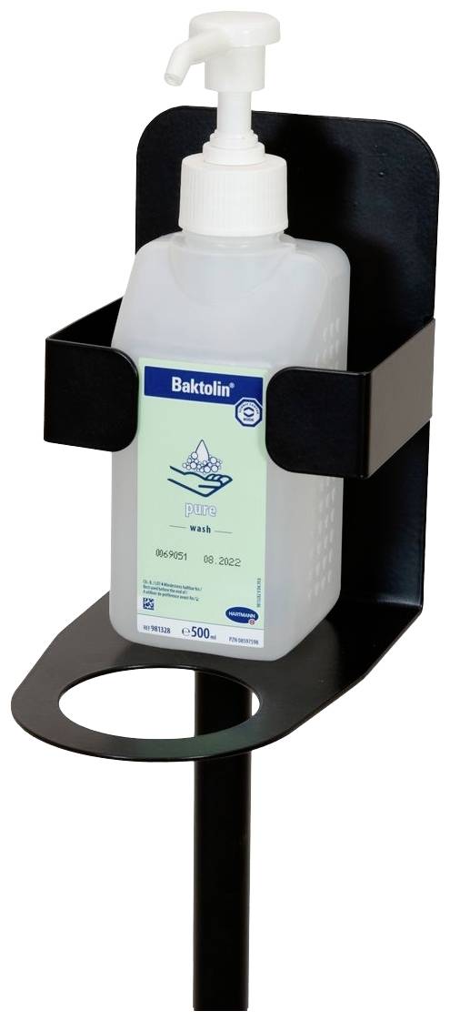 Desinfektionsmittelspender mit einem Behälter BaktoLin Händedesinfektion, montiert an einer Wandhalterung zur hygienischen Handdesinfektion.