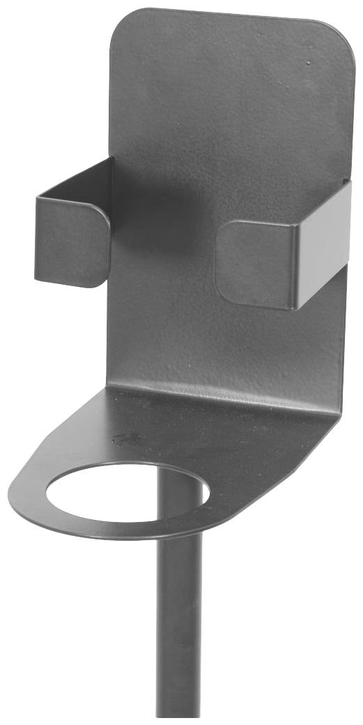 Halterung aus Metall, die auf einem Stab montiert ist, mit einer runden Öffnung unten und zwei seitlichen Halterungen oben.