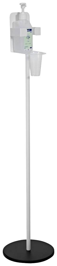 Desinfektionsmittelspender auf einem hohen, weißen Ständer mit schwarzem Sockel, ein transparenter Becher hängt darunter.