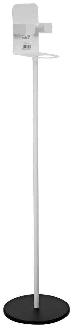 Ein weißer Ständer mit einer rechteckigen Platte und einem Halter, montiert auf einem schwarzen, runden Sockel.