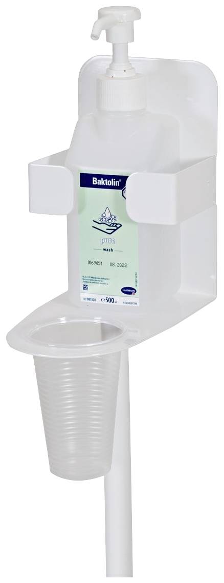 Spender für Desinfektionsmittel mit Becherhalter aus Plastik. Enthält eine große Flasche mit Pumpmechanismus. Nutzung in Hygienebereichen.