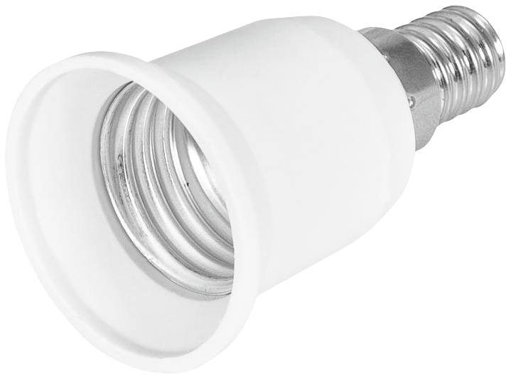 Adapter für Glühbirne mit E14- und E27-Gewinde. Weiße Außenhülle, silbernes Metallgewinde, dient zum Umwandeln von Fassungstypen.