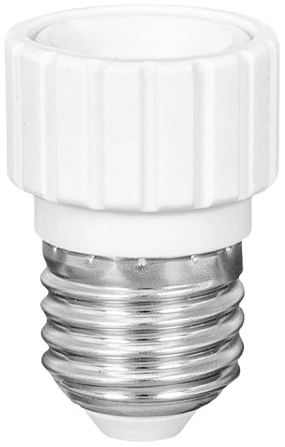 Nahaufnahme eines weißen Lampensockeladapters mit Schraubgewinde, geeignet zur Verbindung von Glühbirnen mit unterschiedlichen Fassungen.