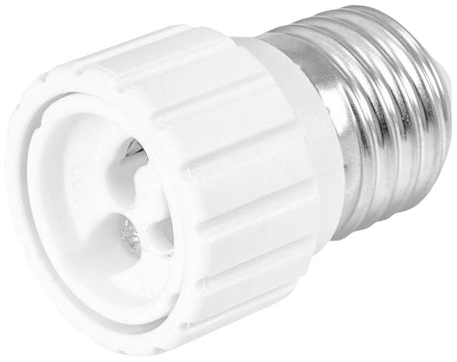 Ein Adapter, der eine E27-Glühbirnenfassung in eine GU10-Fassung umwandelt, aus weißem Kunststoff.