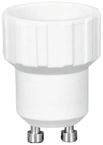Ein weißer GU10-Lampenadapter aus Keramik mit geriffeltem Rand, der zur Verbindung von Leuchtmitteln mit passenden Fassungen dient.