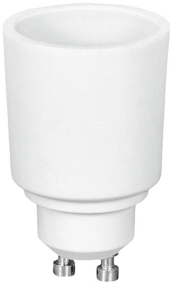 Ein weißer GU10-Adapter für Leuchtmittel, steht aufrecht.