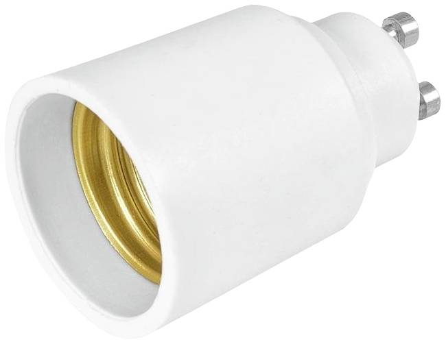 Ein weißer Lampenadapter mit GU10-Stecker und E27-Fassung, ermöglicht die Umwandlung von GU10-Sockeln zur Verwendung mit E27-Glühbirnen.