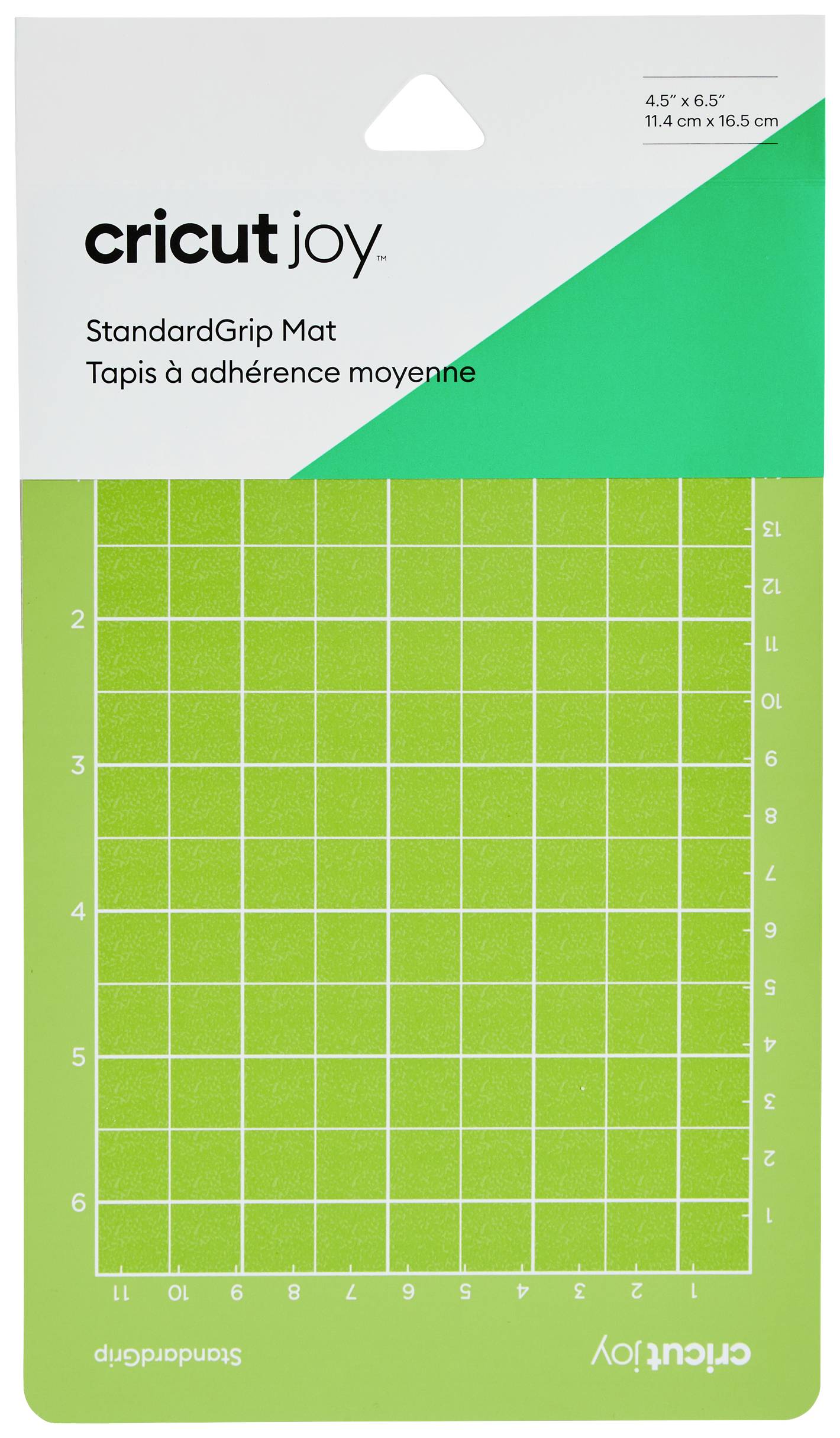 'Cricut Joy StandardGrip Mat' in Grün mit einem weißen Raster und Maßangaben (4,5