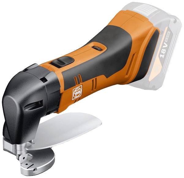 Orange-schwarze akkubetriebene Schneidemaschine für Materialien wie Metall oder Kunststoff, freigestellt auf weißem Hintergrund.