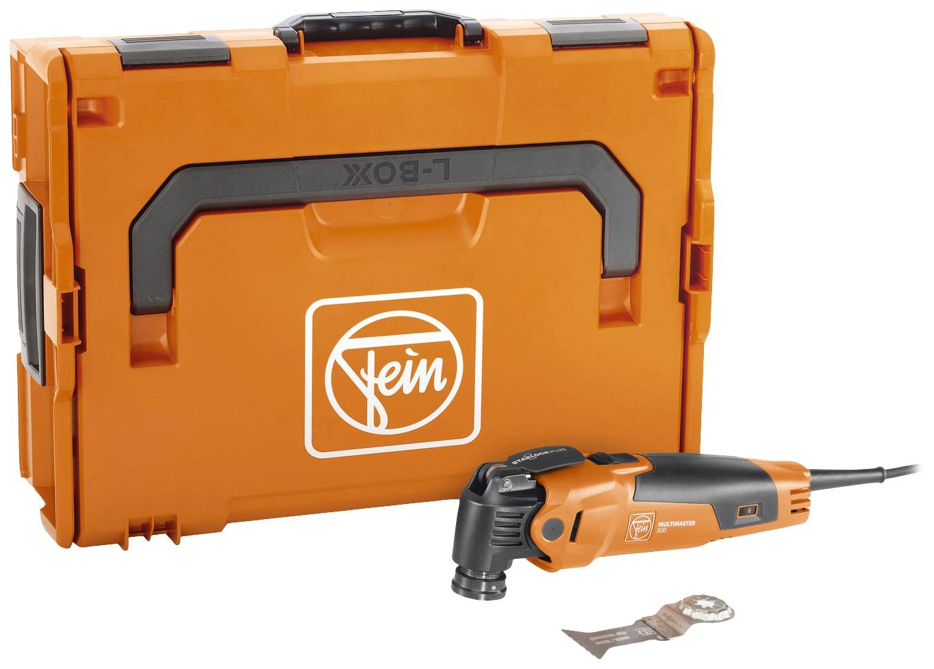 Eine orange Werkzeugbox neben einem elektrischen Multifunktionswerkzeug mit Zubehör, beide mit dem 'Fein'-Logo.