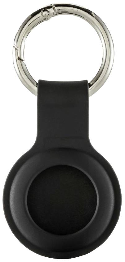 Schwarzer Schlüsselanhänger mit rundem Design und silbernem Ring. Ideal zur Befestigung von Schlüsseln oder kleinen Gegenständen.