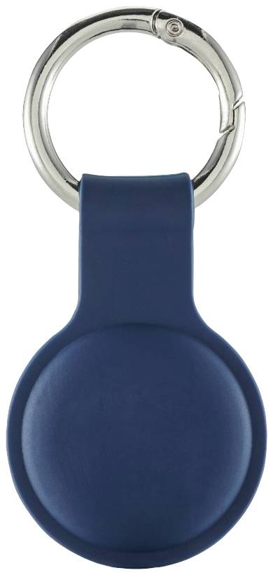 Ein blauer Schlüsselanhänger mit einem runden Anhängerteil und einem silbernen Schlüsselring.