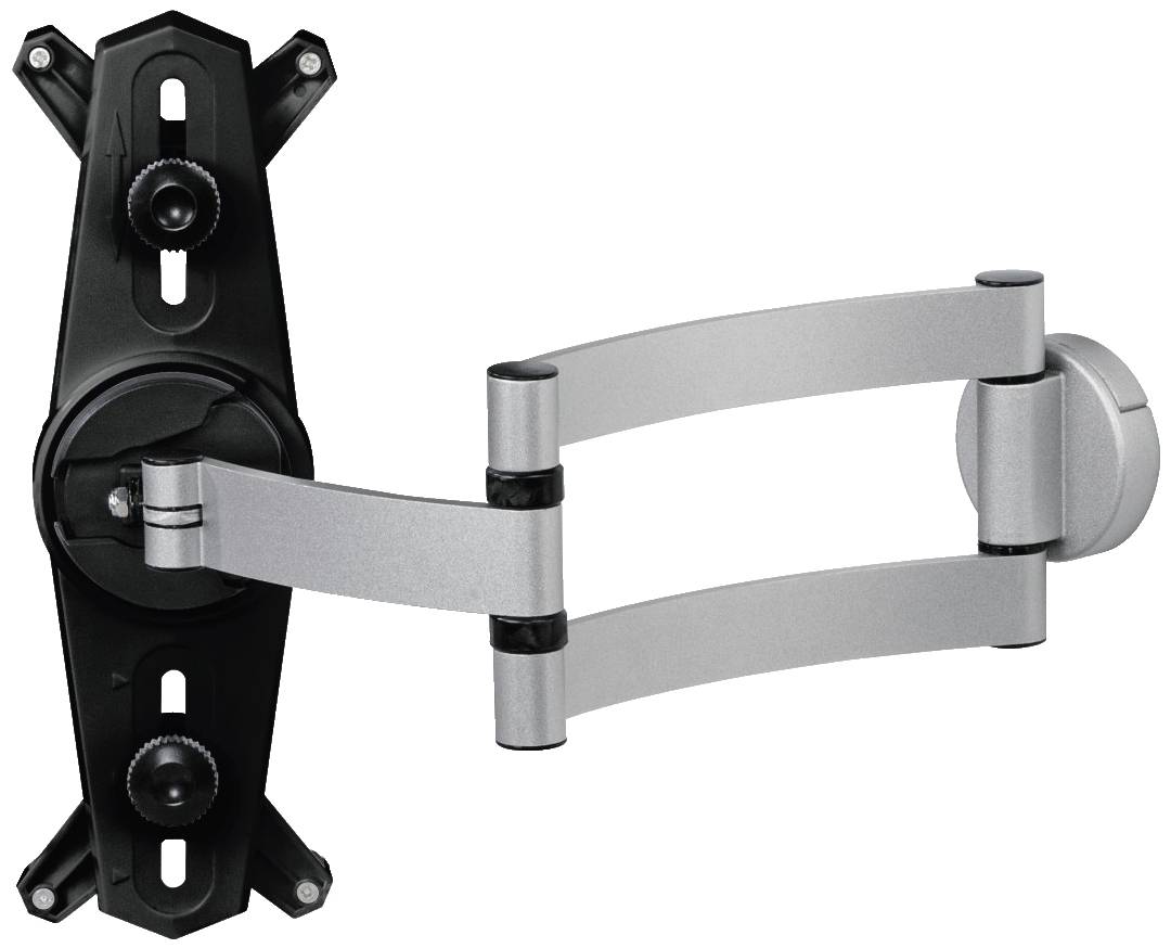 Verstellbare, an eine Wand montierbare TV- oder Monitorhalterung aus Metall, schwarz und silber, mit zwei Gelenkarmen.