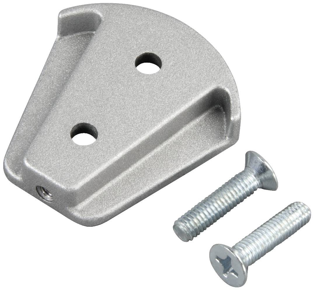 Ein silbernes Metallwinkelstück mit zwei Löchern, begleitet von zwei passenden Schrauben.