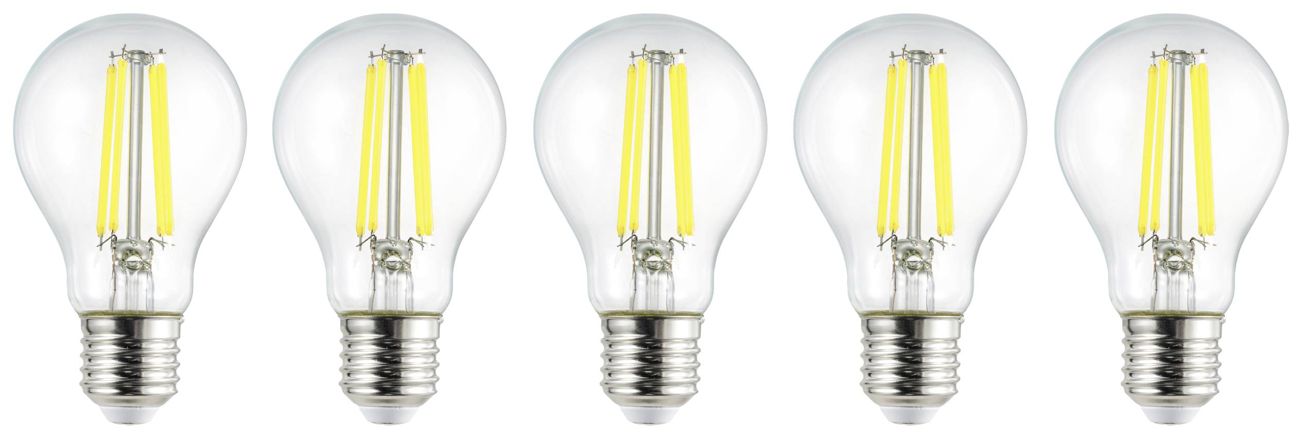 Fünf nebeneinander stehende Glühbirnen mit LED-Technologie auf weißem Hintergrund; Symbol für Energieeffizienz.