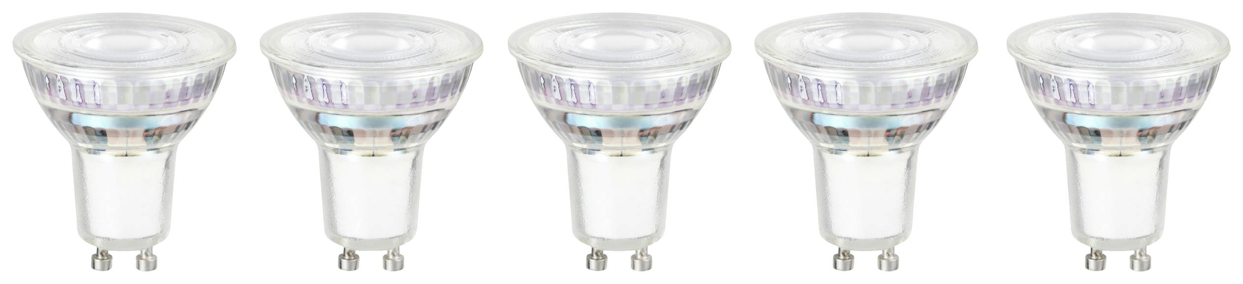 Fünf LED-Glühbirnen in einer Reihe, alle identisch mit GU10-Sockeln, geeignet für energiesparende Beleuchtung in Innenräumen.