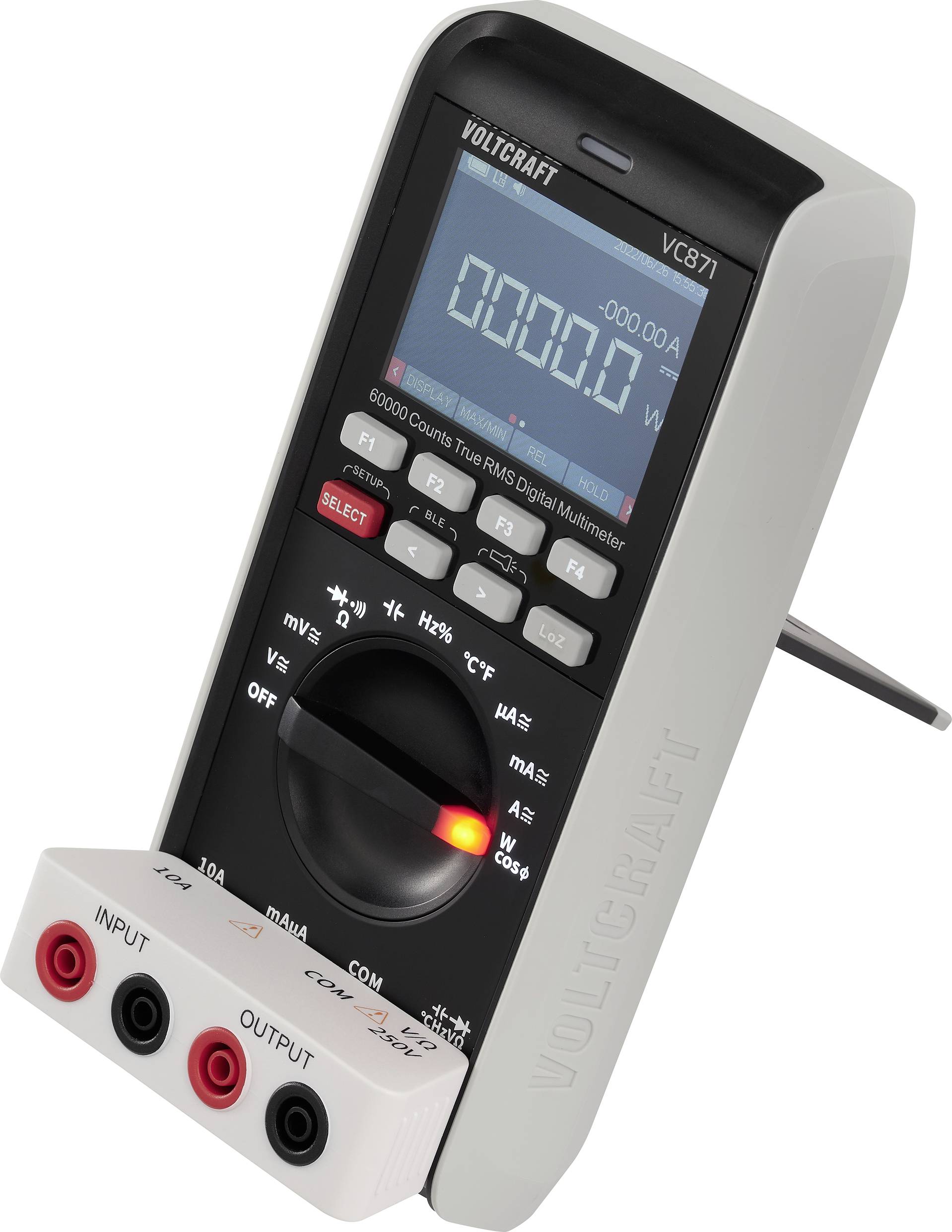 Ein digitales Multimeter, Modell Voltcraft VC871, zeigt '0000.0' auf dem Display. Es hat verschiedene Mess- und Einstellknöpfe.