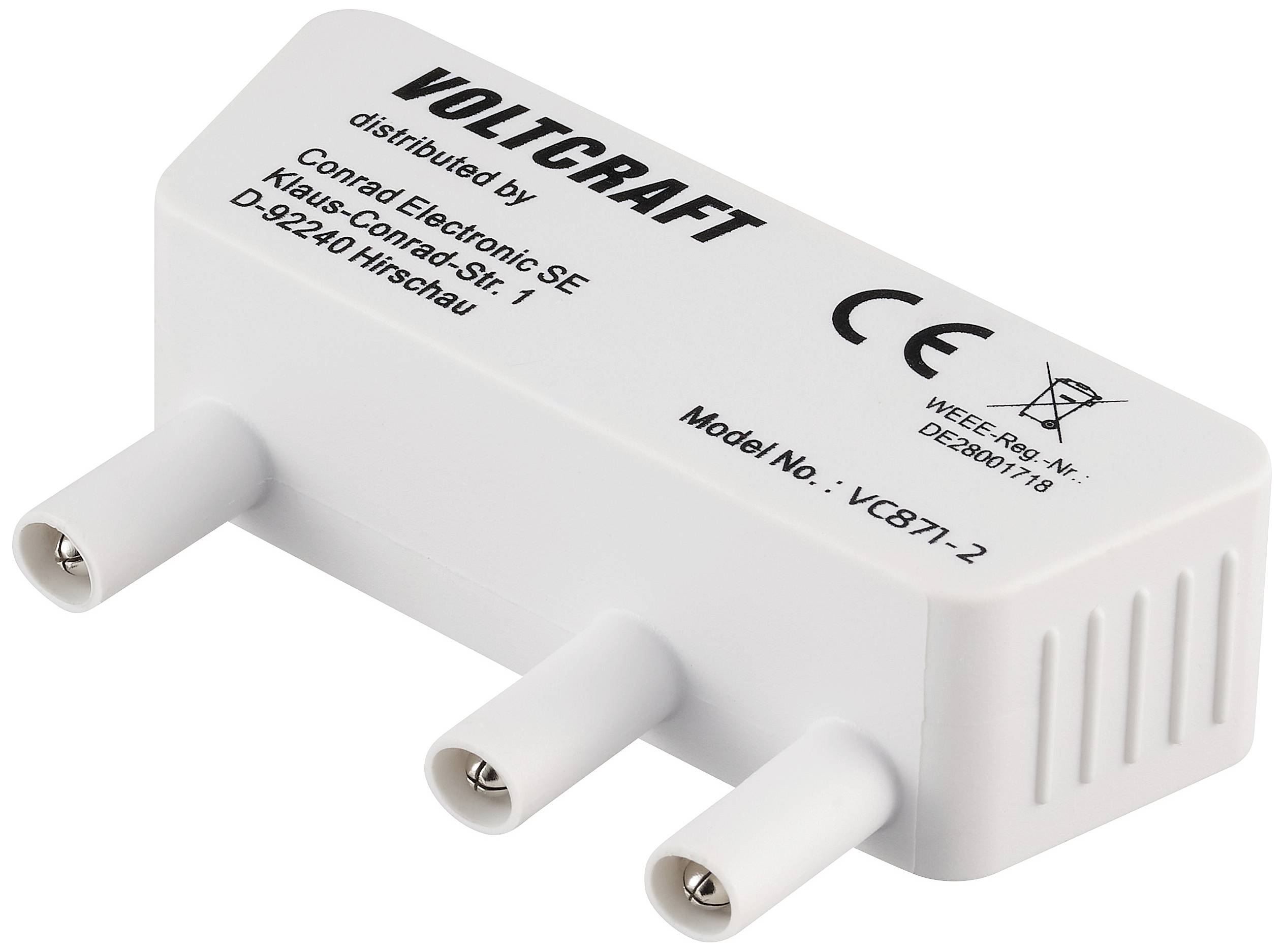 Ein weißes Messgerät mit der Aufschrift 'VOLTCRAFT' und Modellnummer 'VC871-2', hat drei Steckanschlüsse und CE-Kennzeichnung.