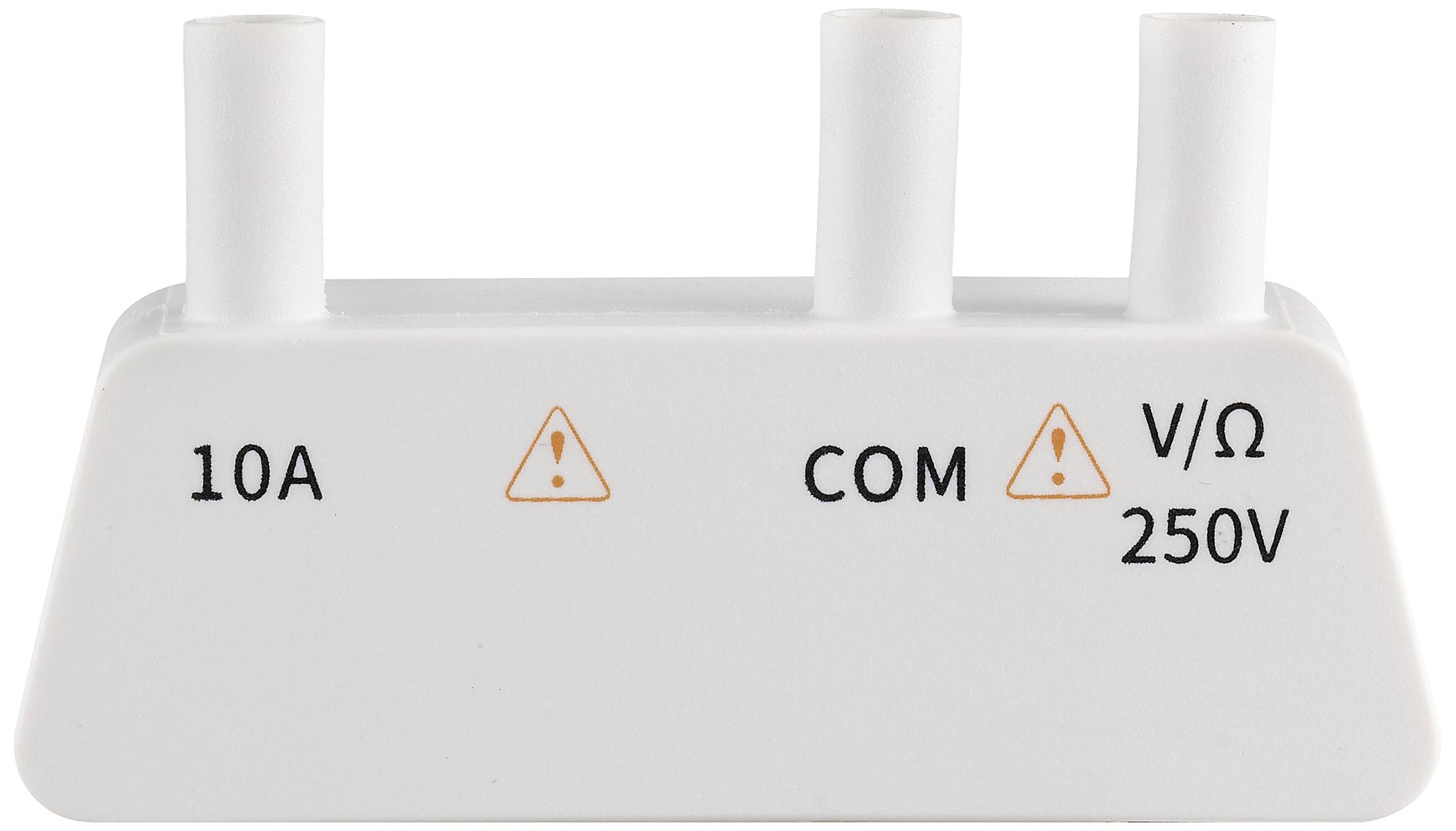 Weißer Adapter mit drei Buchsen, beschriftet mit '10A', 'COM' und 'V/Ω 250V', jeweils unter einem Warnsymbol.