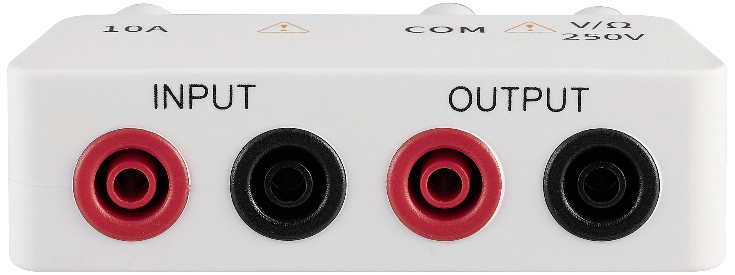 Weiße Box mit drei Steckdosen: '10A Input', 'COM Output', 'V/Ω 250V Output' beschriftet. Steckdosen variieren in Farbe: rot und schwarz.