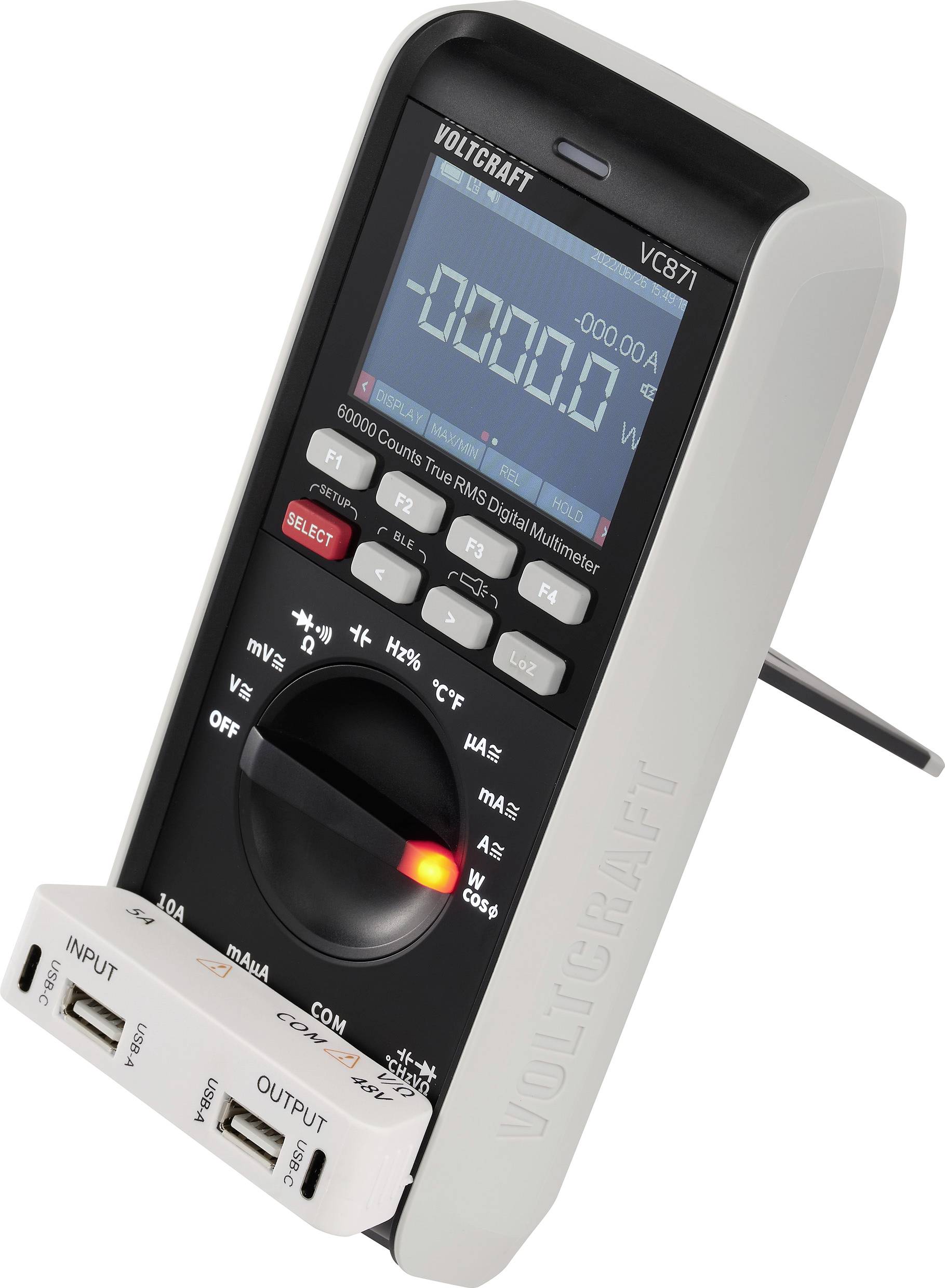 Digitalmultimeter mit Display zeigt Messwert. Schwarze Tasten für verschiedene Funktionen, seitliche USB-Anschlüsse sichtbar.