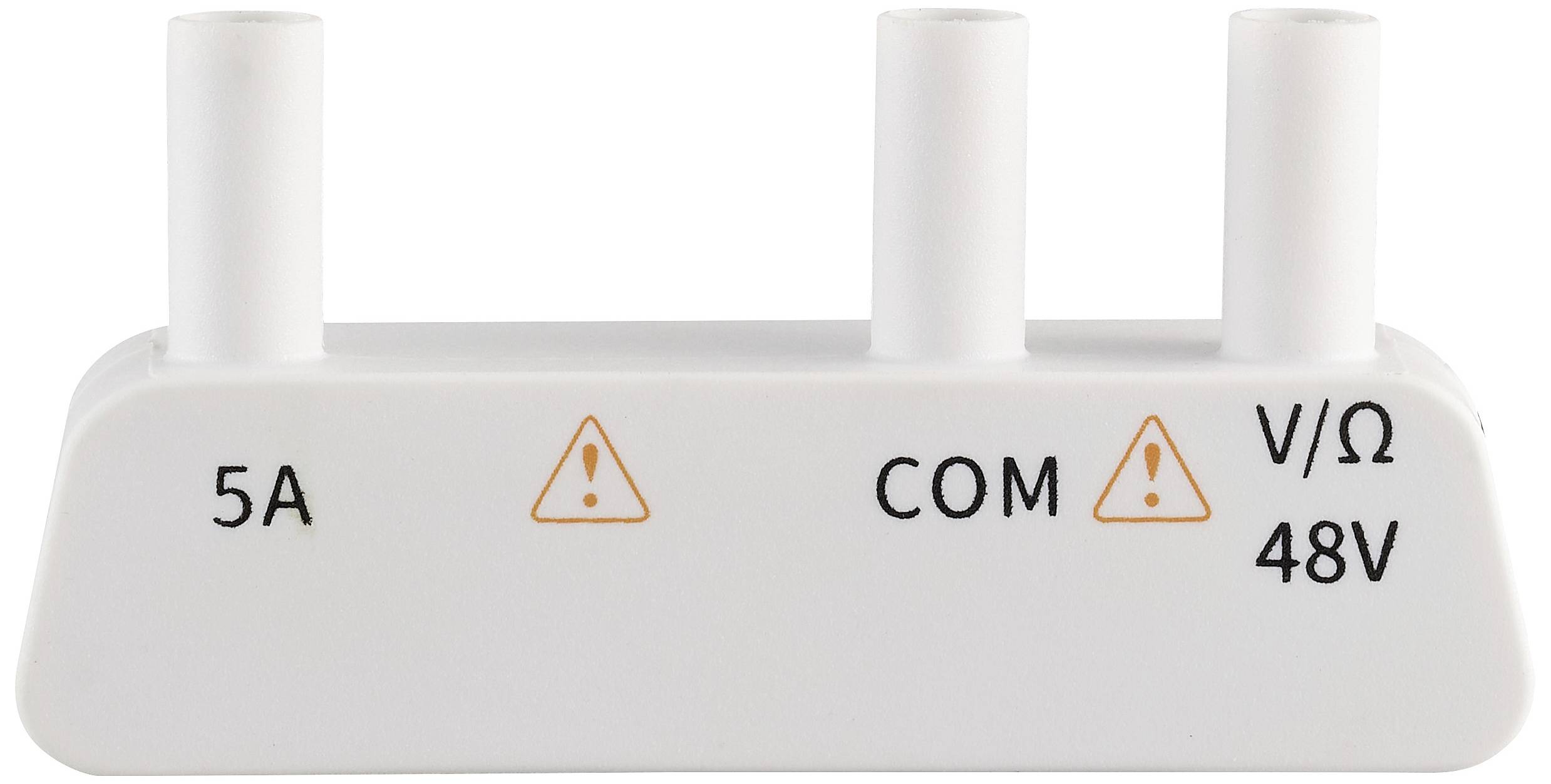 Multimeter-Zubehöradapter mit drei Anschlüssen: '5A', 'COM' und 'V/Ω 48V'. Warnsymbole kennzeichnen Vorsichtspunkte.