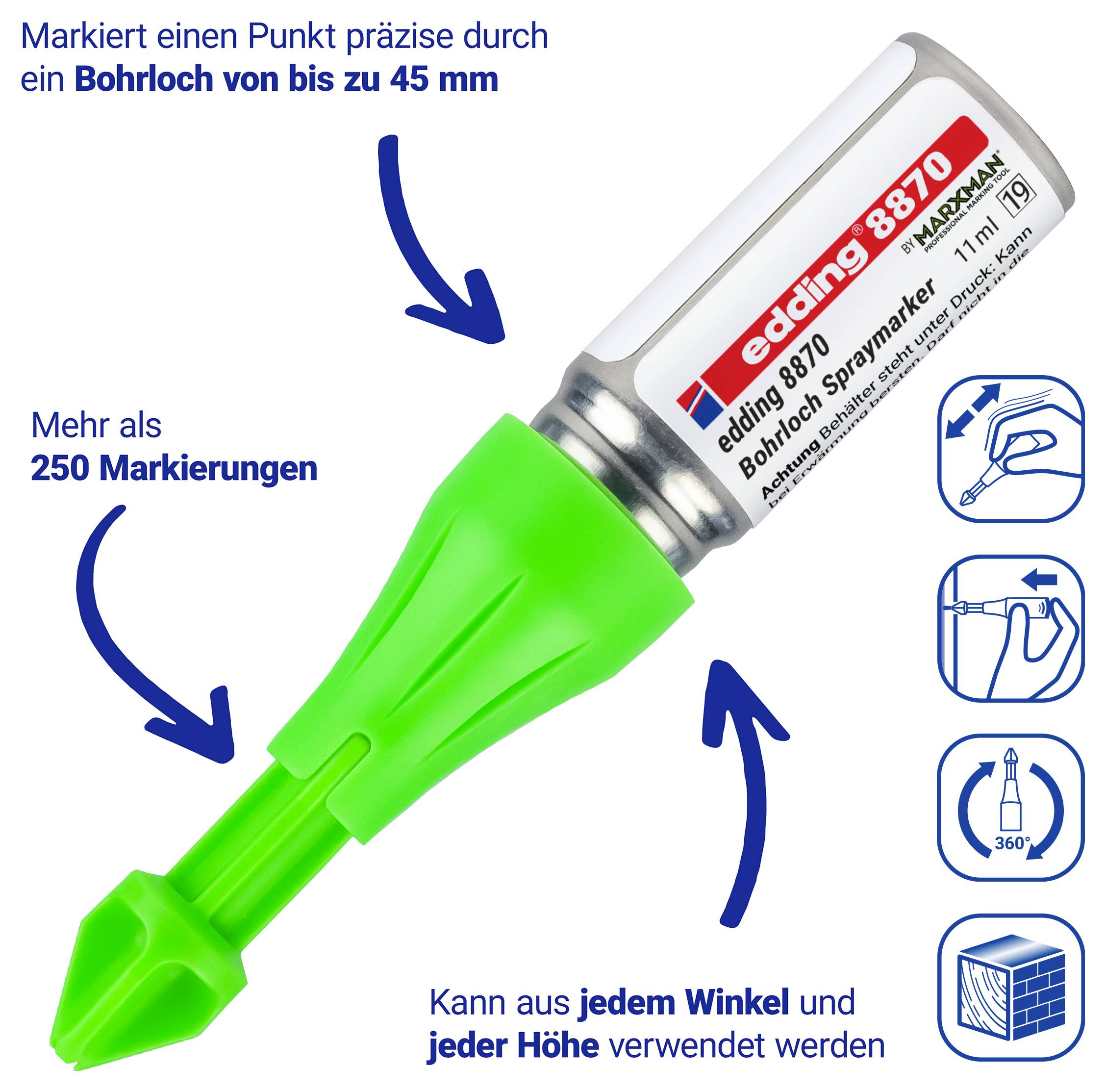 Grüner und silberner Edding 8870 Sprühmarker für präzise Lochmarkierungen bis 45 mm, mit Pfeilen und Symbolen für die Verwendung aus jedem Winkel und über 250 Markierungen.
