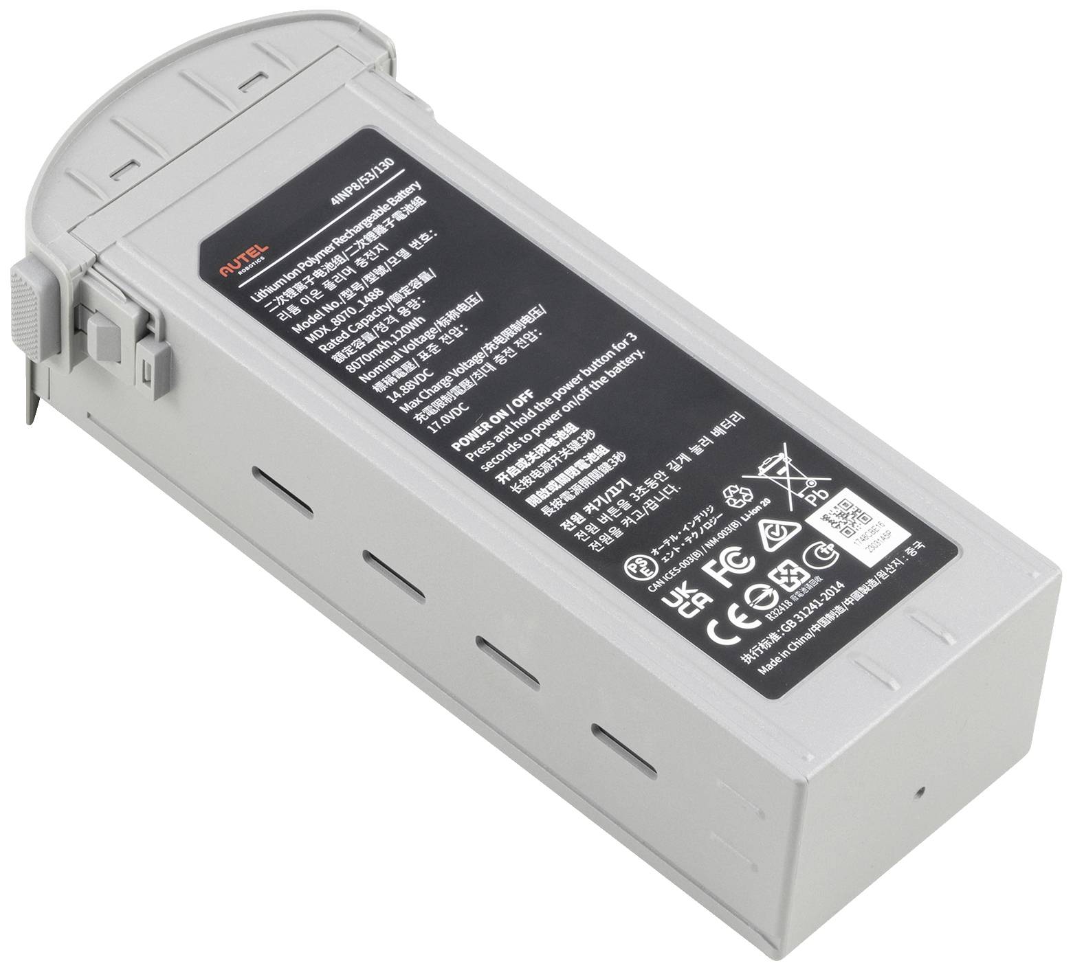 Autel 3S Lithium-Polymer-Akku mit 14,8V und 4900mAh Kapazität. Akku zeigt technische Details und Sicherheitsinformationen auf dem Etikett.