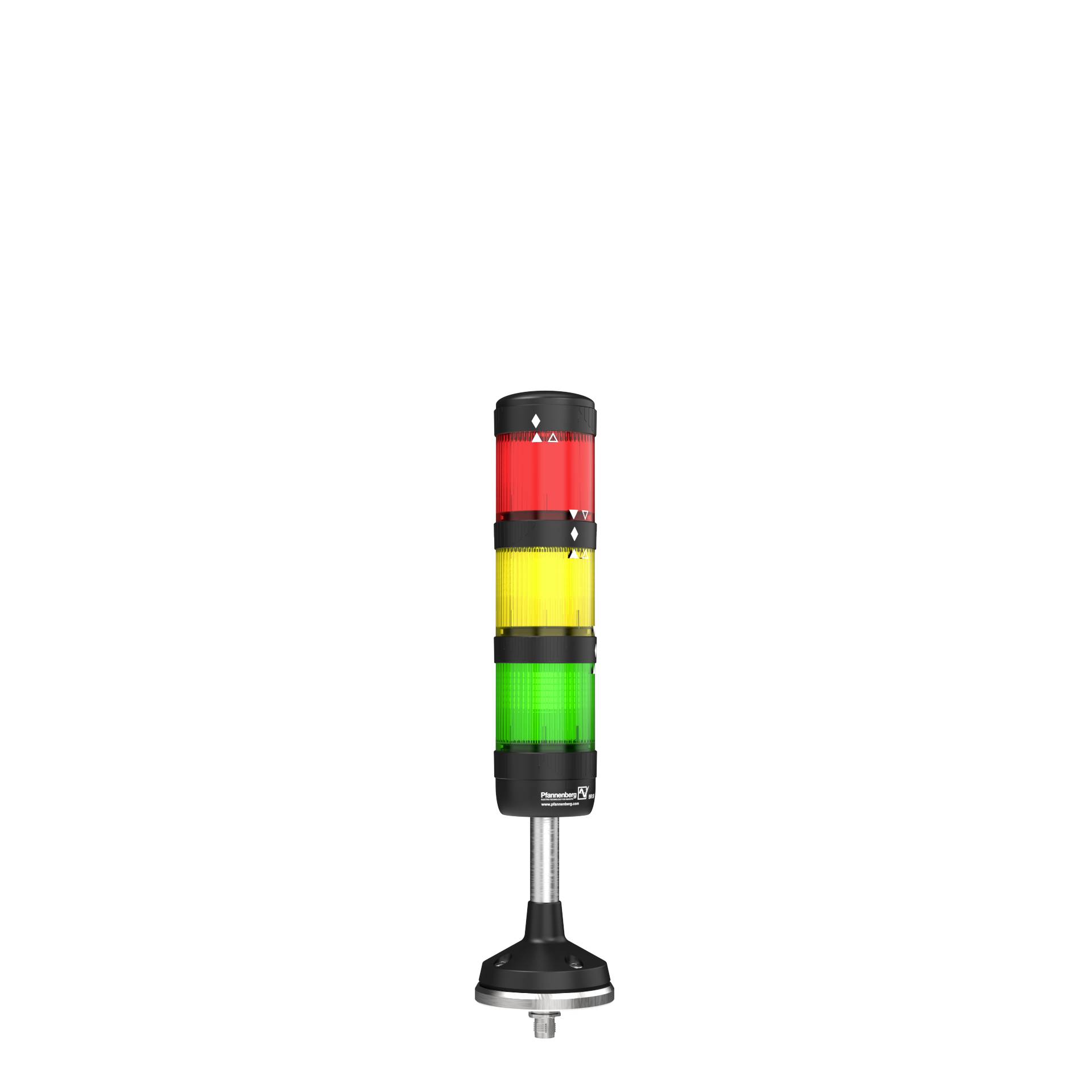 Eine Signalleuchte mit drei farbigen LED-Segmenten (rot, gelb, grün) zeigt den Betriebsstatus einer Maschine an.