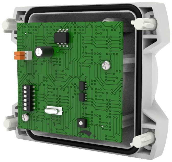 Elektronische Schaltung mit grüner Platine und verschiedenen Bauteilen in einem Kunststoffgehäuse, möglicherweise Sensorgerät.