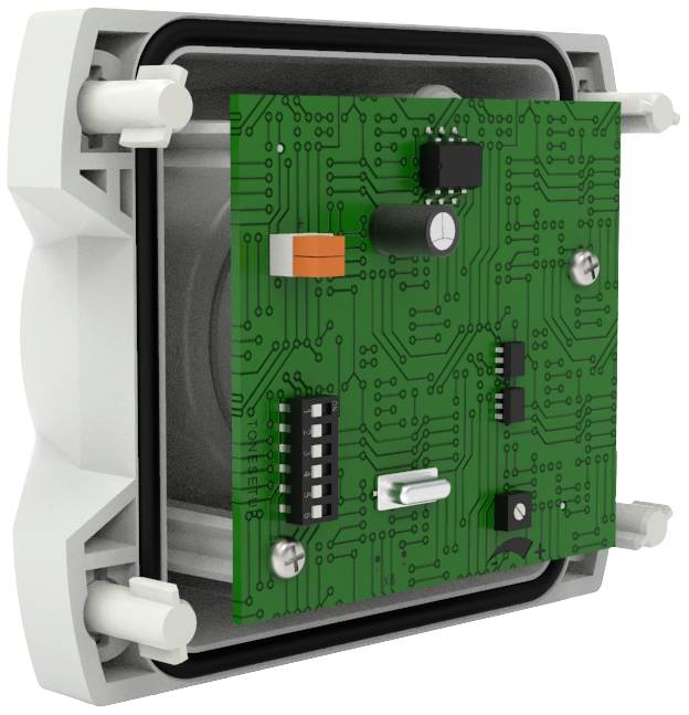 Schaltkreis mit grüner Leiterplatte und verschiedenen elektronischen Komponenten, eingebettet in einem grauen, rechteckigen Gehäuse.