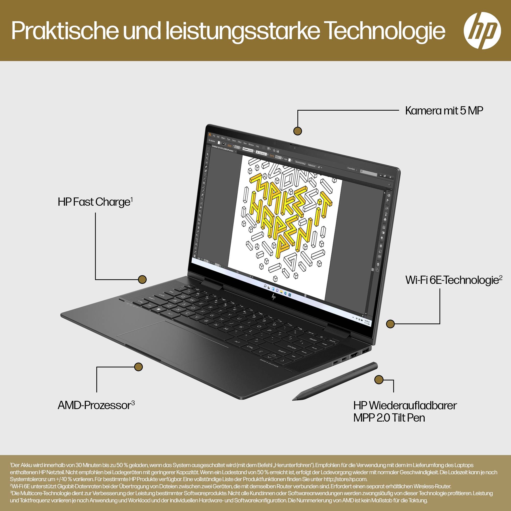 HP 2-in-1 Notebook / Tablet ENVY x360 2-in-1 Laptop 15-fh0055ng 39.6 cm (15.6 Zoll) Full HD AMD Ryzen 5 7530U 16 GB RAM 512 GB SSD Deutsch, QWERTZ