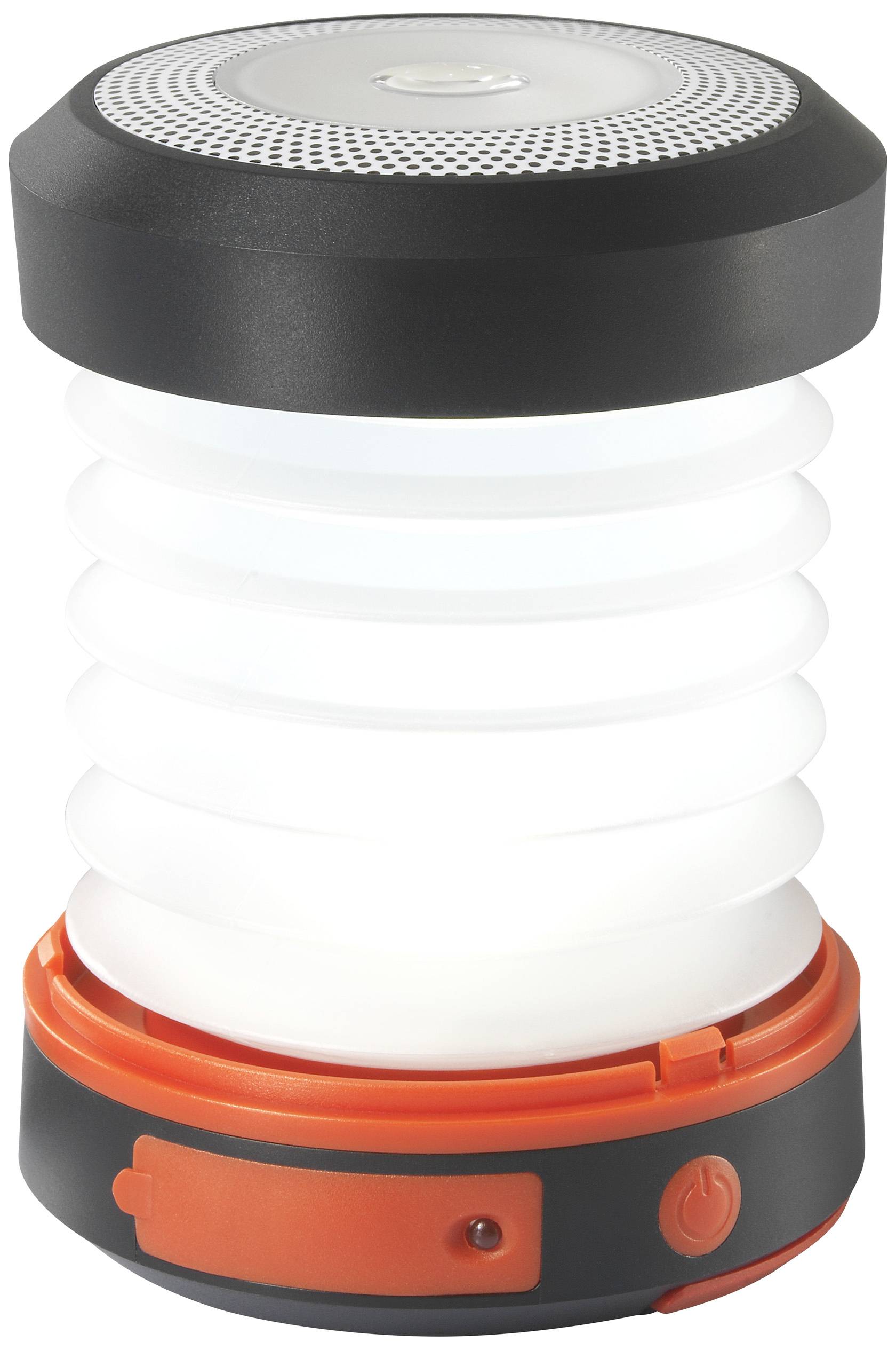 Eine kompakte, tragbare Laterne mit ziehharmonikaartigem, weißem Lampenschirm und schwarzer Ober- und orangefarbener Unterseite.