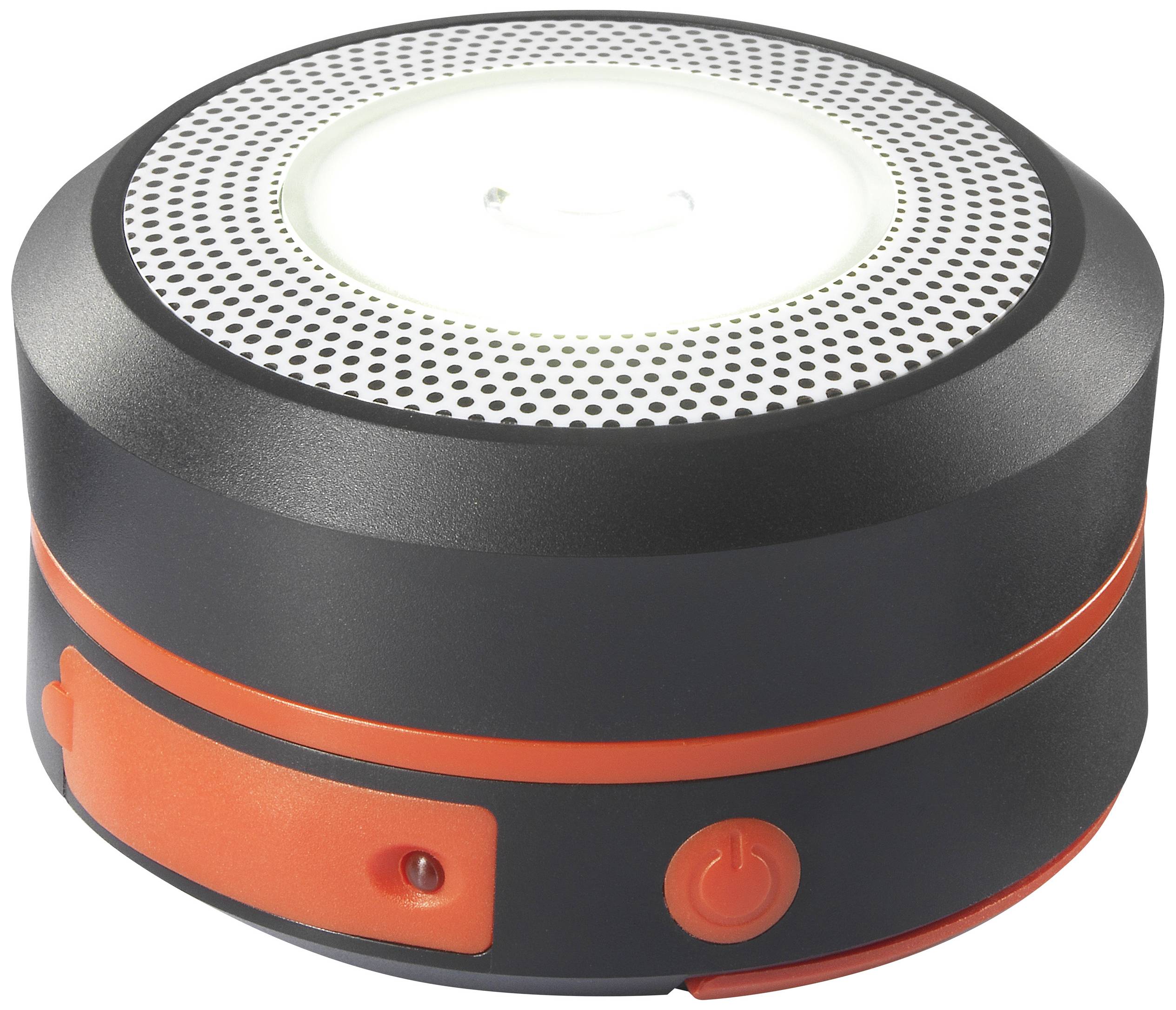 Tragbare LED-Lampe in Schwarz mit orangefarbenen Details, rund, kompakt, mit einem großen, zentralen Leuchtbereich.