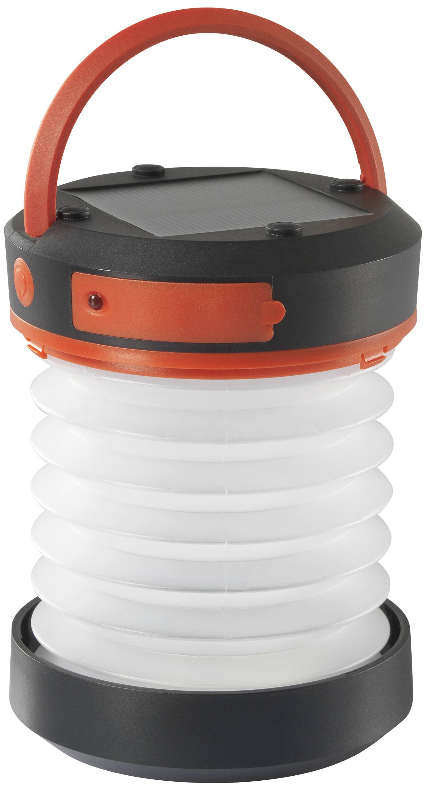 Tragbare, aufladbare Lampe mit Solarpanel und rotem Tragegriff, ideal für Camping oder Notbeleuchtung.