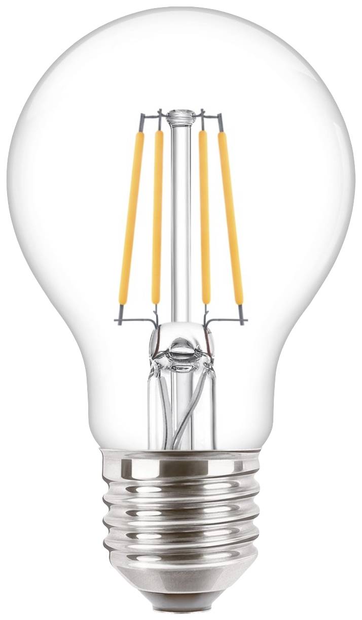 Eine LED-Glühbirne mit sichtbaren Filamenten und Schraubsockel, die modern und energiesparend wirkt.
